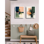 Set 2 Cuadros Dormitorio Living Abstracto Arte Verde Durazno Marco Blanco