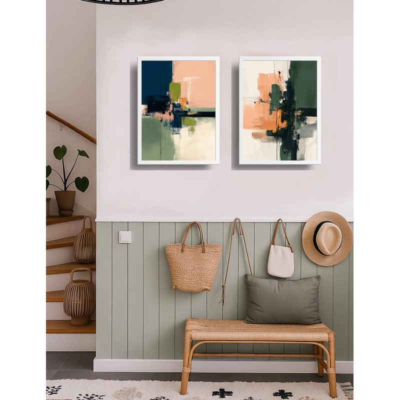 Set 2 Cuadros Dormitorio Living Abstracto Arte Verde Durazno Marco Blanco