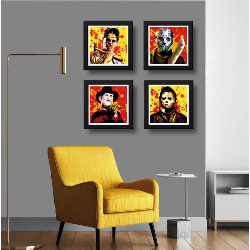 Set 4 Cuadros Jason Freddy Krueger Michael Myers Leatherface Marco Negro