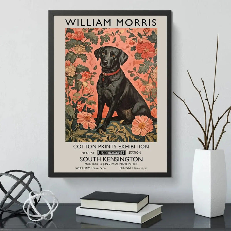 Cuadro Perro Flores William Morris Art & Craft 2 Exposición Marco Negro