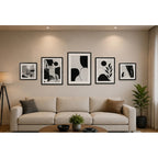 Set 5 Cuadros Living Escalera Pasillo Abstracto Blanco Negro Marco Negro