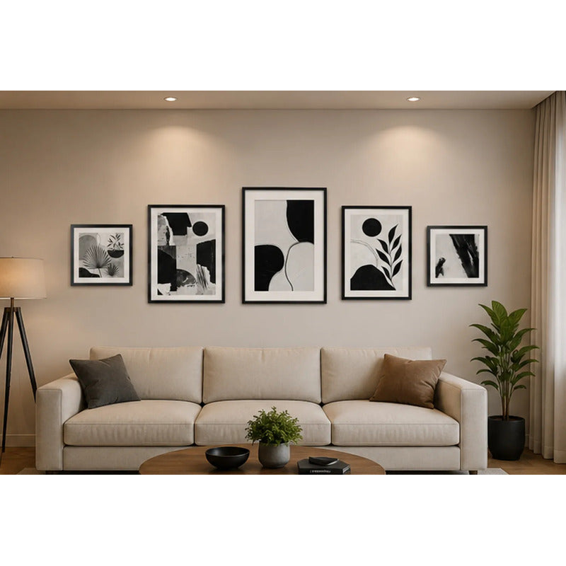 Set 5 Cuadros Living Escalera Pasillo Abstracto Blanco Negro Marco Negro