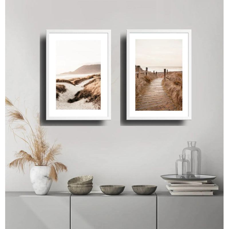 Set 2 Cuadros Paisajes De Playa Tonos Beige Neutros Dunas Marco Blanco