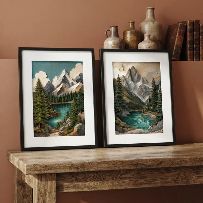 Set 2 Cuadros Paisaje Montañosa Textura 3d Brs1 Con Paspartu 43x33cm Cada Cuadro Negro