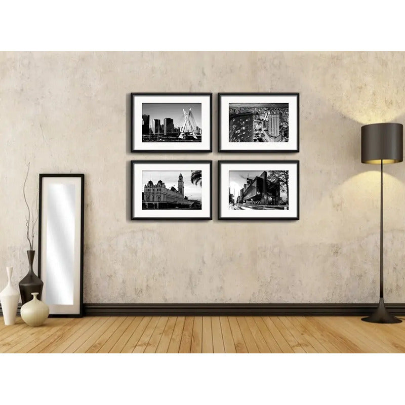 Set 4 Cuadros Sao Paulo Blanco Y Negro Ciudad Con Paspartu
