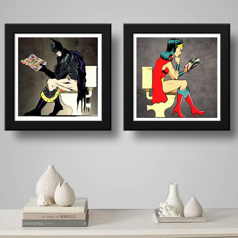 Set 2 Cuadros Batman Mujer Maravilla Baño Heroes 33x33cm Marco Negro