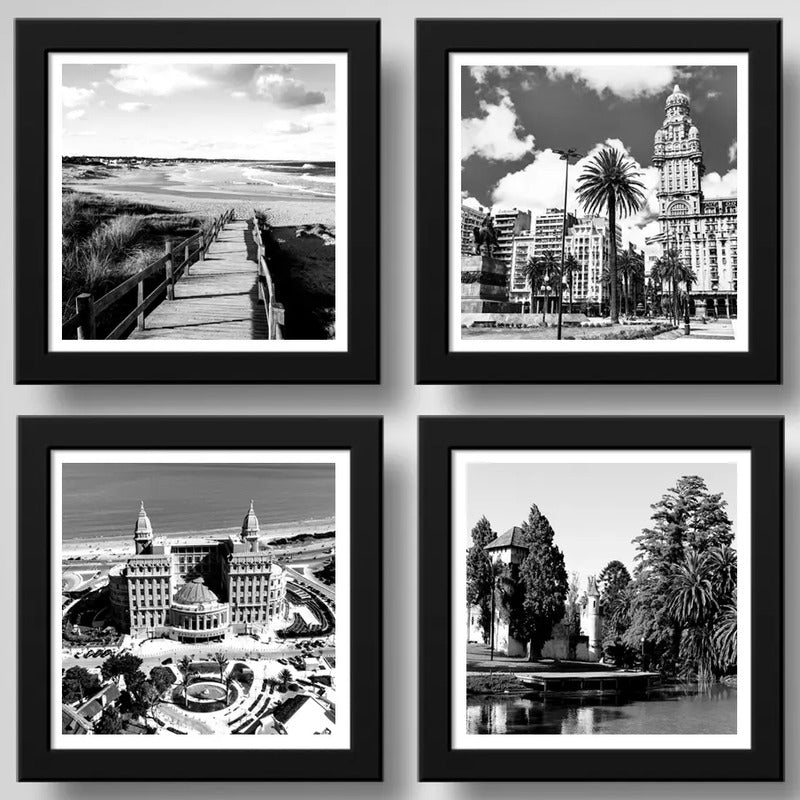 Set 4 Cuadros Montevideo Uruguay En Blanco Y Negro Ciudad