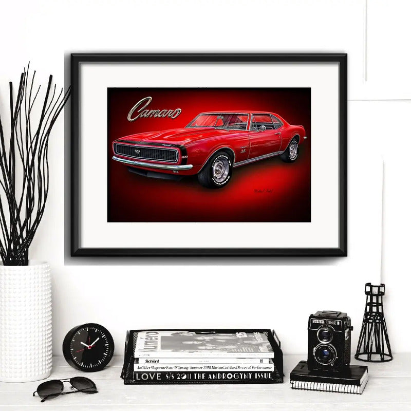 Cuadro Autos Antiguos Modelos Marcas Retro Arte Con Paspartu Chevrolet Camaro Ss 396 Rojo Con Marco Negro