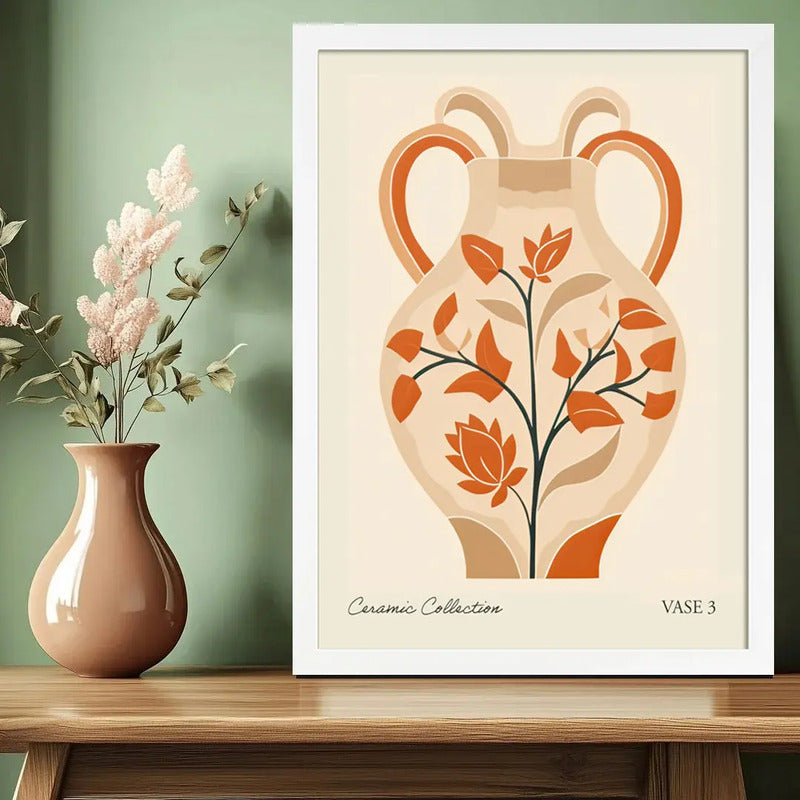 Cuadro Dormitorio Living Jarron Ceramica Flores Color Pastel Marco Blanco