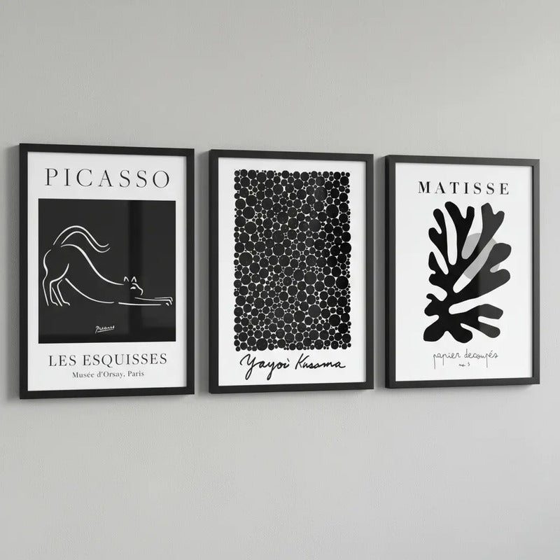 Set 3 Cuadros Picasso Matisse Kusama Black Minimalista Arte Marco Negro