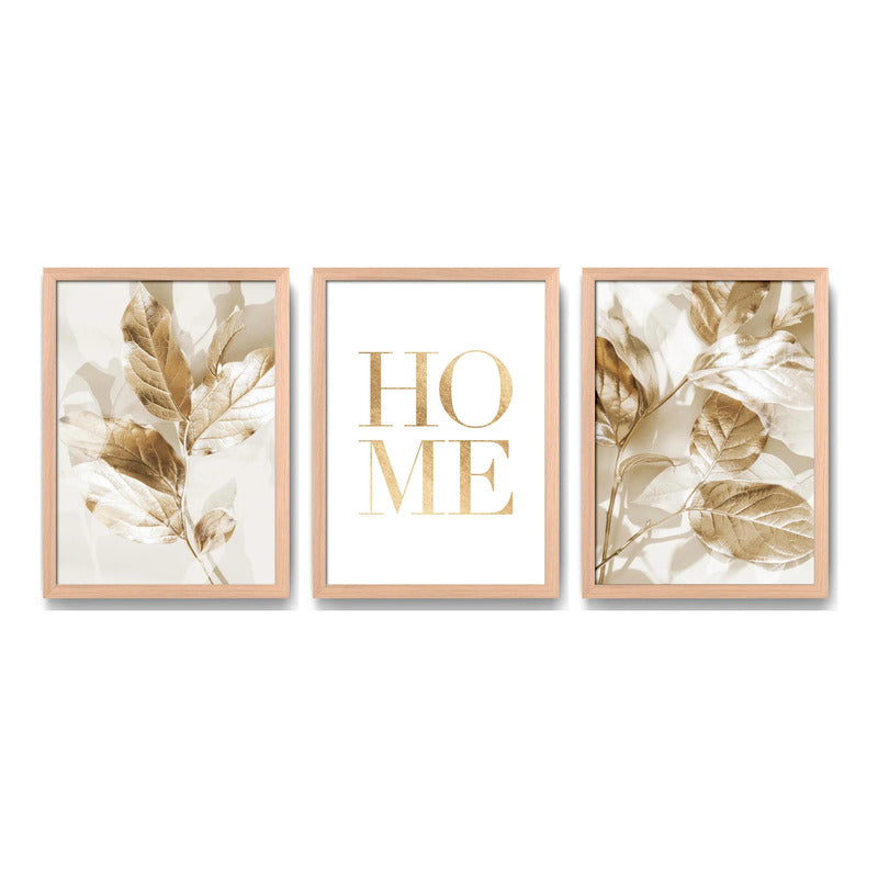 Set 3 Cuadros Hojas Doradas Home Botanica Tonos Suaves Marco Madera Natural Oak