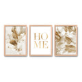 Set 3 Cuadros Hojas Doradas Home Botanica Tonos Suaves Marco Madera Natural Oak