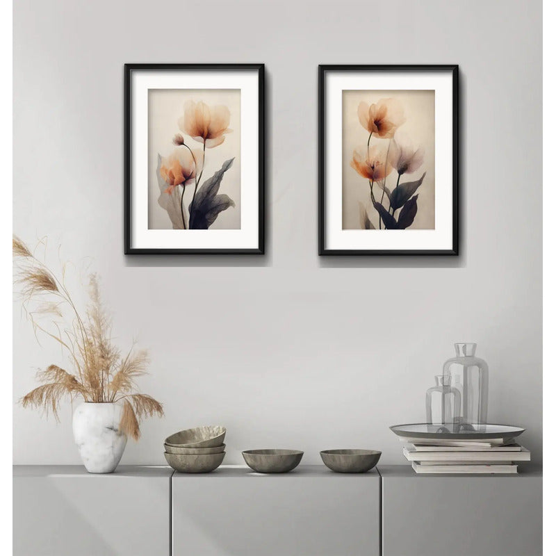 Set 2 Cuadros Flores Amapolas Tonos Pastel Con Paspartú Marco Negro