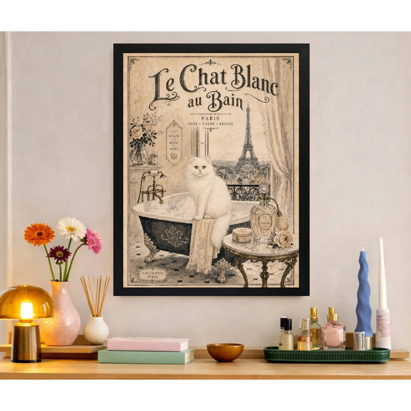 Cuadro Baño Gato Blanco Bañera Le Chat Blanc Paris Retro Art Marco Negro