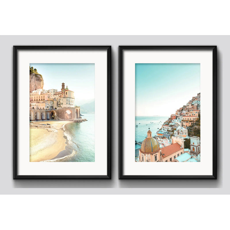 Set 2 Cuadros Costa Amalfitana Italia Playa Mar Con Paspartu 53x43cm Cada Cuadro Negro