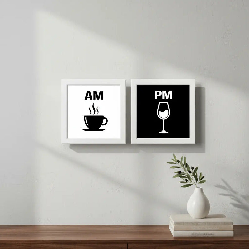 Set 2 Cuadros Am Pm Cafe Vino Cocina Living Decoracion Marco Blanco