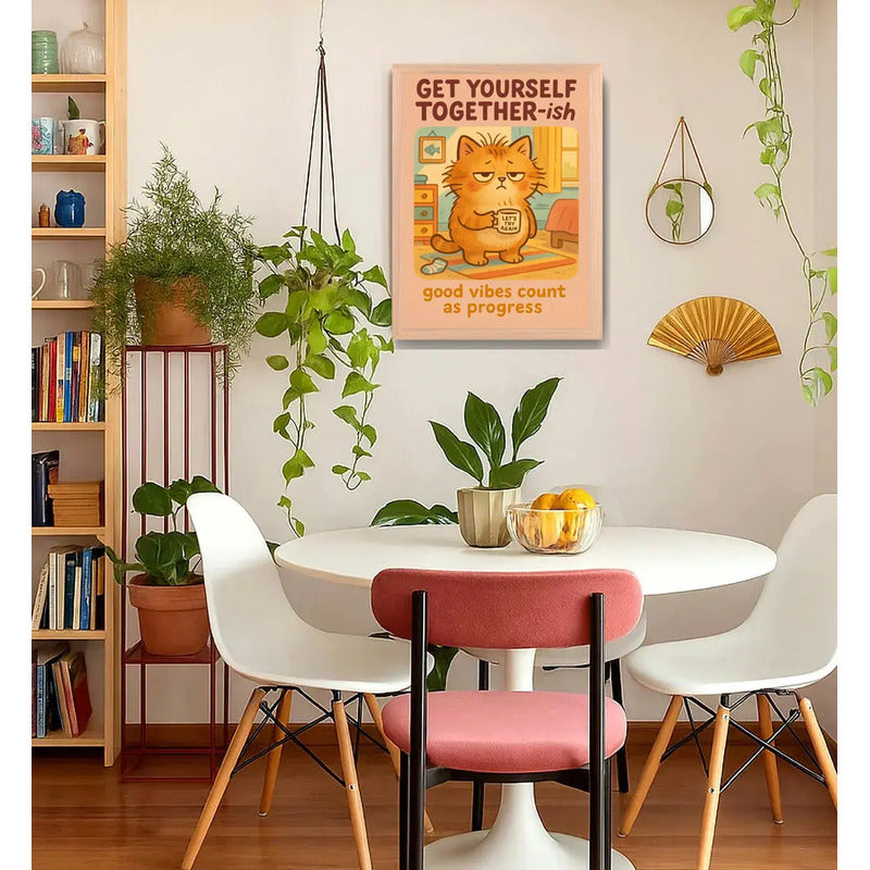 Cuadro Gato Café Frase Organízate Un Poco Cocina Marco Oak Marco Marrón Claro