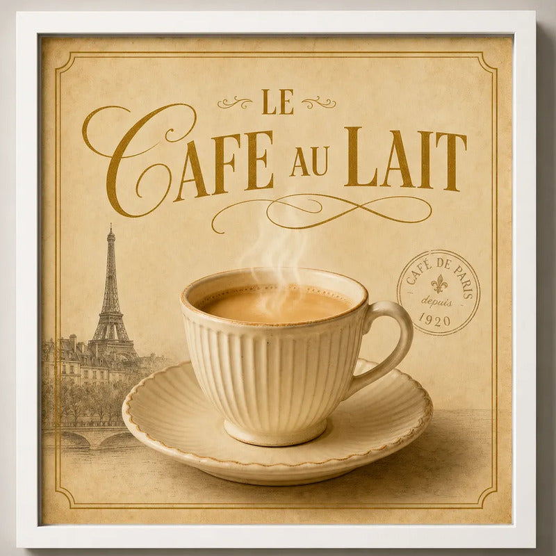 Cuadro Living Comedor Cocina Café Paris Au Lait 33x33cm Marco Blanco