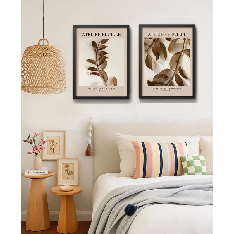 Set 2 Cuadros Dormitorio Living Tonos Marron Hojas Botanico Marco Negro