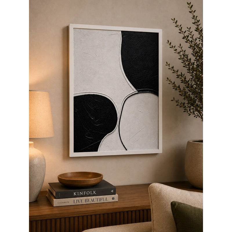 Cuadro Living Dormitorio Abstracto Blanco Negro Textura Brs1 Marco Blanco