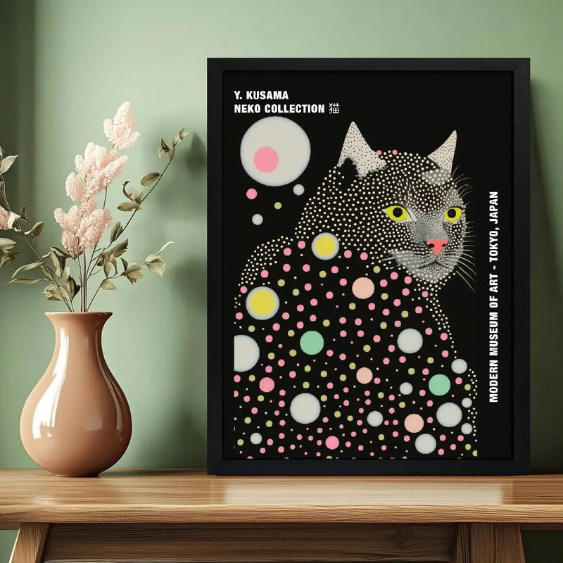 Cuadro Yayoi Kusama Cats & Dots Gato Neko Arte Japones Marco Negro