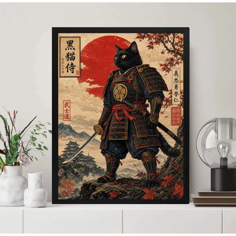 Cuadro Gato Samurai Ninja Guerrero Arte Japonés Anime Marco Negro