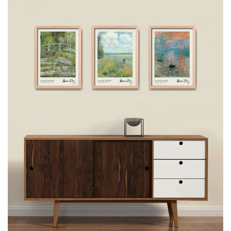 Set 3 Cuadros Living Dormitorio Claude Monet Obras Clásicas Marco Marrón Claro