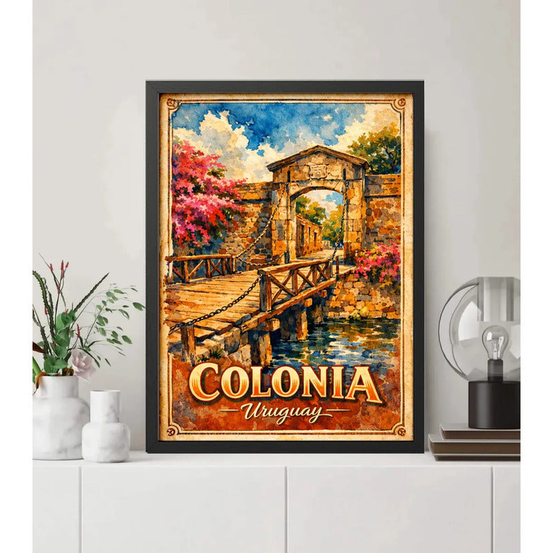 Cuadro Colonia Del Sacramento Puerta Ciudadela Retro Uruguay Marco Negro
