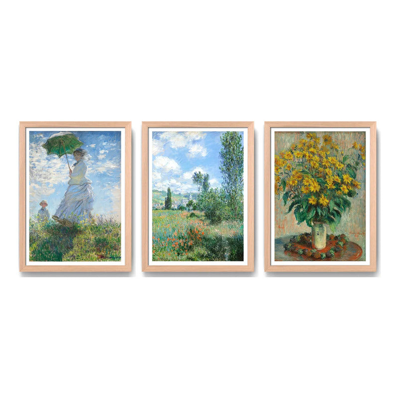 Set 3 Cuadros Living Dormitorio Claude Monet Classics Arte Marco Marrón Claro