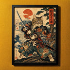 Cuadro Gato Samurai Ninja Japonés Arte Marcial Decoracion Marco Negro