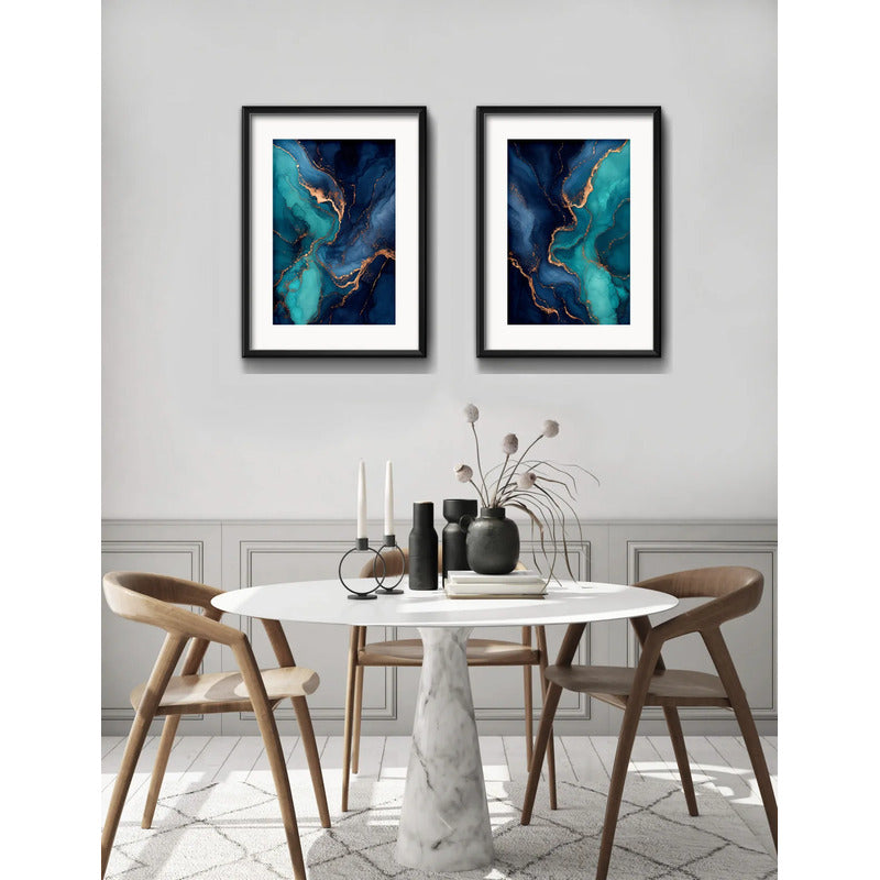 Set 2 Cuadros Abstracto Mármol Azul Turquesa Con Paspartu 53x43cm Cada Cuadro Negro