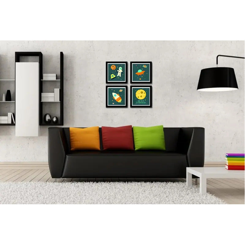 Set 4 Cuadros Astronauta Luna Infantil Dormitorio Decoracion Marco Negro