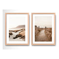 Set 2 Cuadros Paisajes De Playa Tonos Beige Neutros Dunas Marco Madera Natural Oak