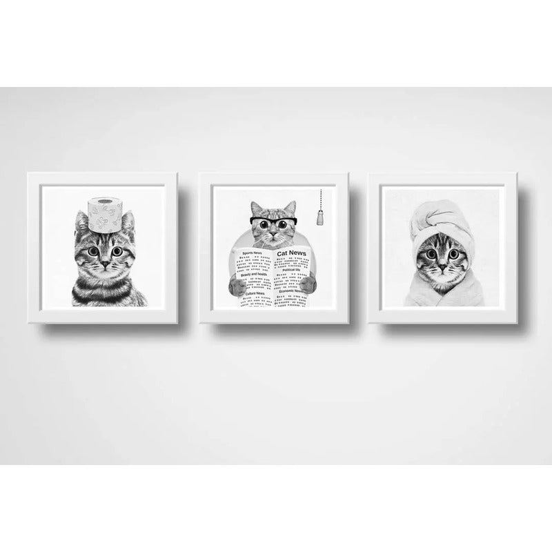 Set 3 Cuadros Gato Baño Blanco Y Negro Mascota Pet Decora