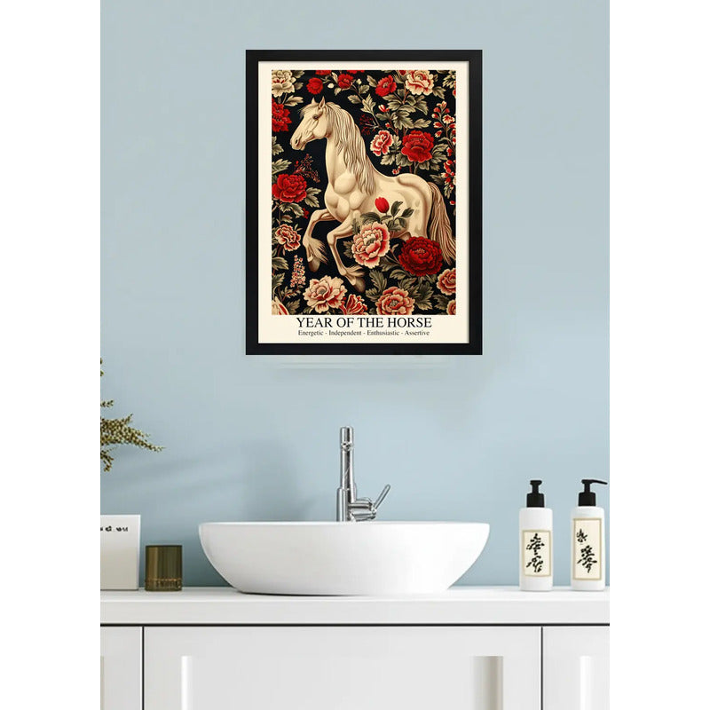 Cuadro Año Del Caballo Zodiaco Chino William Morris Flores Caballo Blanco Negro