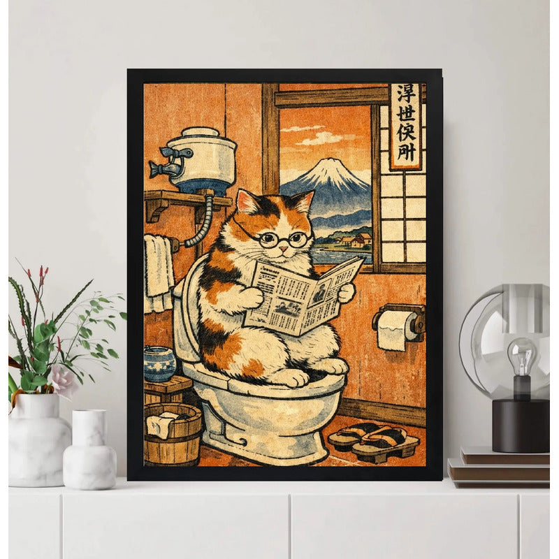 Cuadro Gato Bano Diario Japón Mascota Arte Decoracion Marco Negro