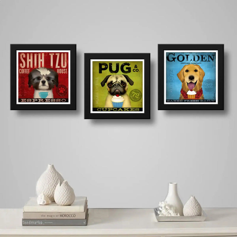 Set 3 Cuadros Perro Cafe Cupcake Pug Shitzu Golden Pet Decor