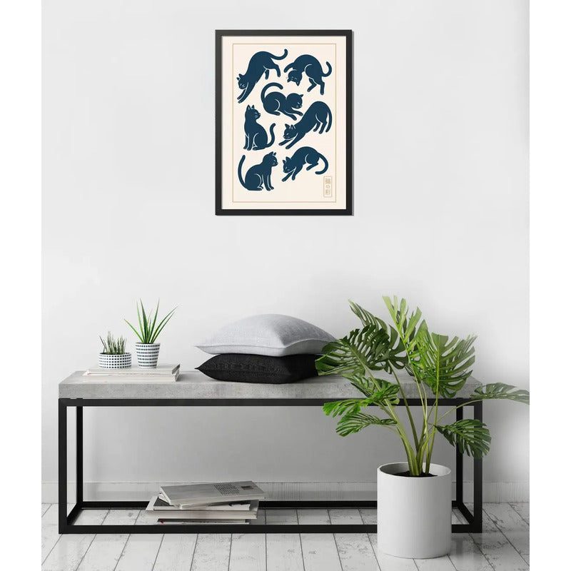 Cuadro Gato Arte Japonés Gatos Jugando Neko Cat Decoracion Marco Negro