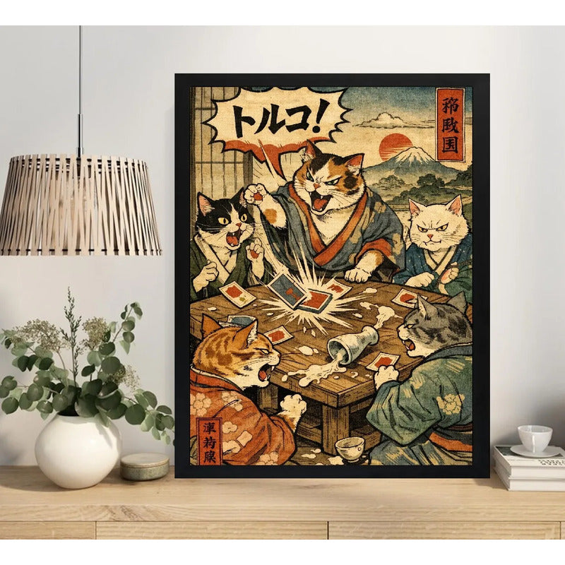 Cuadro Gatos Truco Juego De Naipes Paisaje Japón Fuji Arte Marco Negro