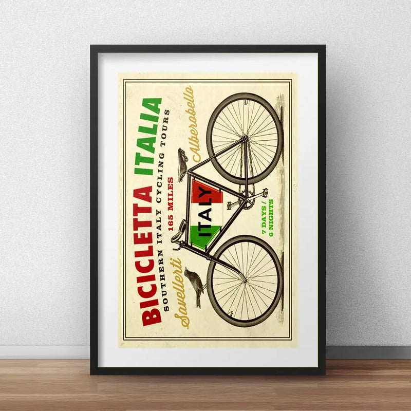 Cuadro Italia Bicicleta Retro Vintage Frase Con Paspartu Marco Negro