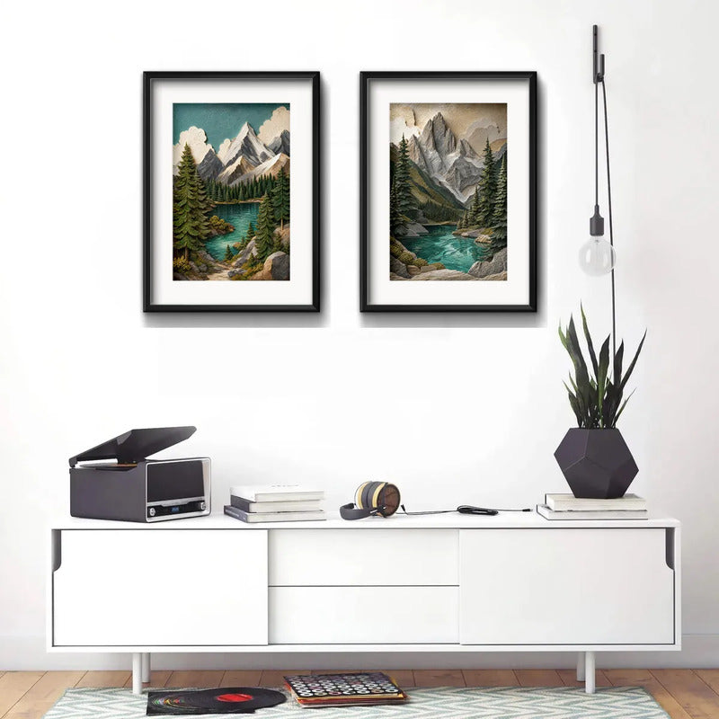 Set 2 Cuadros Paisaje Montañosa Textura 3d Brs1 Con Paspartu 53x43cm Cada Cuadro Negro