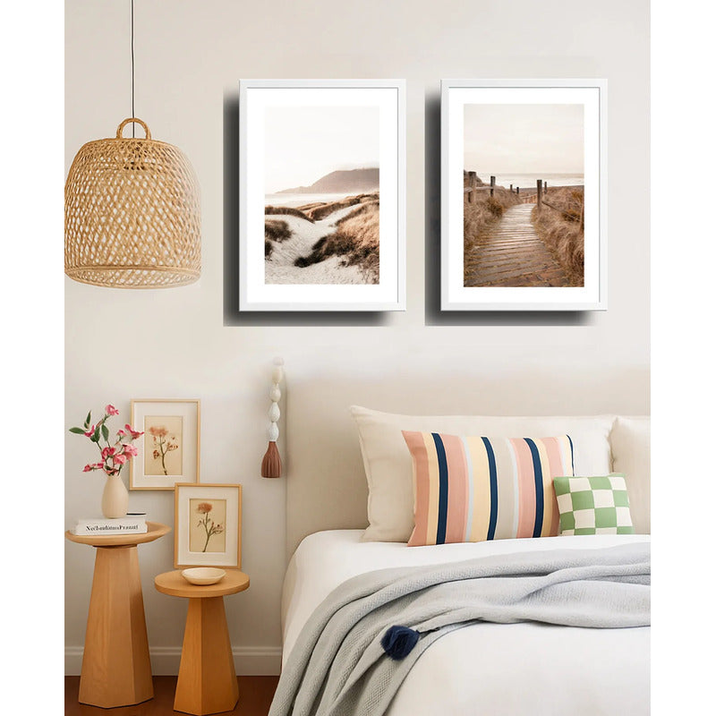 Set 2 Cuadros Paisajes De Playa Tonos Beige Neutros Dunas Marco Blanco