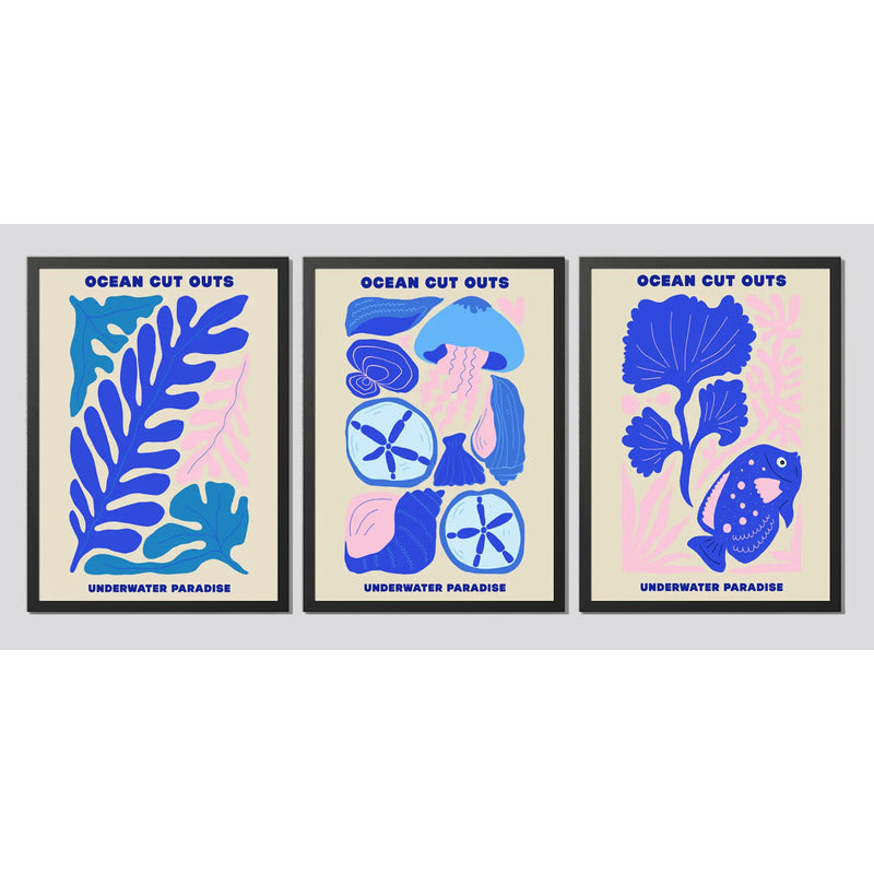 Set 3 Cuadros Decoración Playera Nautico Paraíso Subacuático Marco Negro