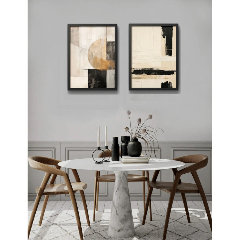 Set 2 Cuadros Boho Abstracto Arte Texturas Lineales 53x43cm Marco Negro