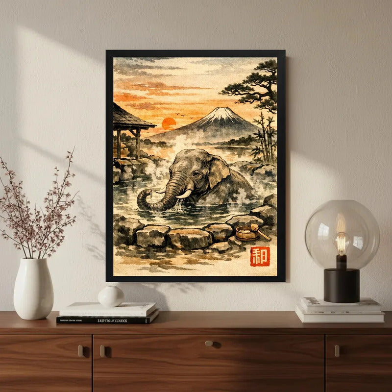 Cuadro Elefante Baño Termal Onsen Arte Japones Coleccion Marco Negro