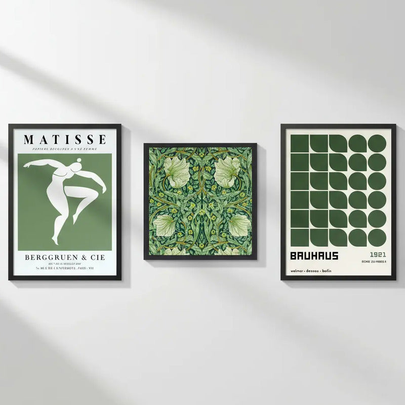 Set 3 Cuadros Para Living Cocina Estudio Tonos Verde Green Matisse William Morris Bauhaus Con Marco Negro