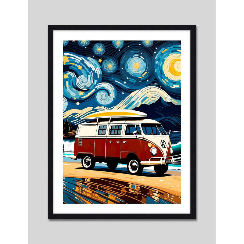 Cuadro Kombi Surf La Noche Estrellada Arte Playa Decoracion Marco Negro
