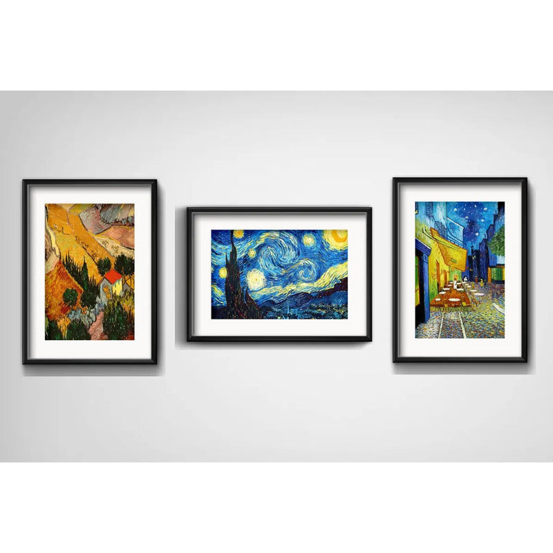 Set 3 Cuadros Van Gogh Obras Noche Estrellada Terraza Café 43x33cm Con Paspartú Marco Negro