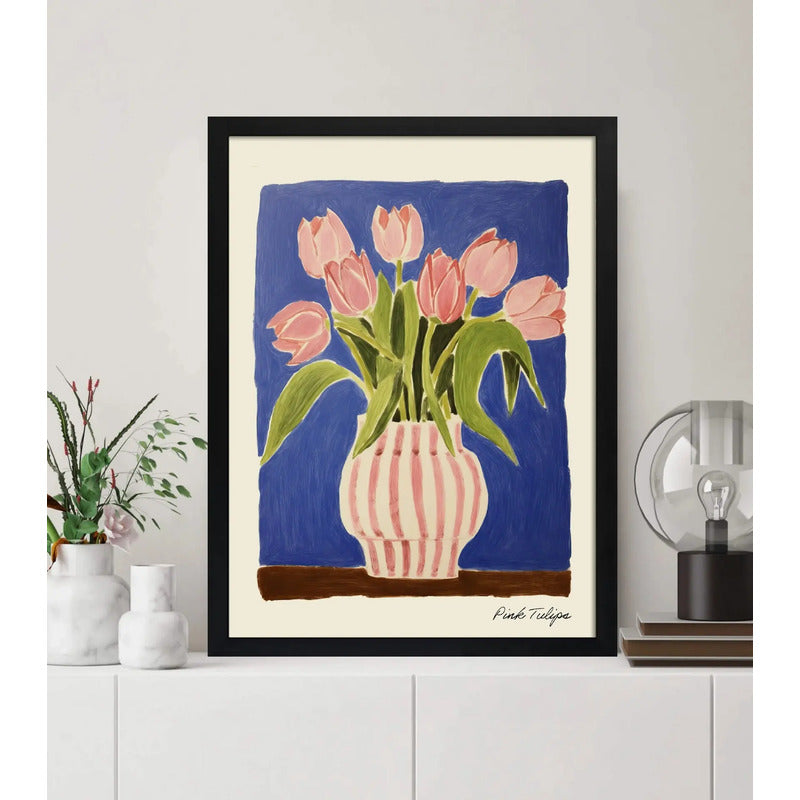 Cuadro Para Dormitorio Living Flores Tulipanes Rosa Suave Tulipanes Rosa Suave Con Fondo Azul Marco Negro
