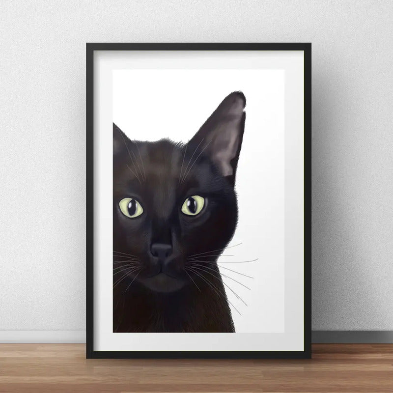 Set 2 Cuadros Gato Negro Y Blanco Minimalista Con Paspartu Marco Negro
